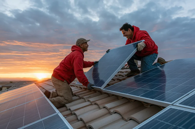 Two men installing solar panels on a tiled roof at sunset