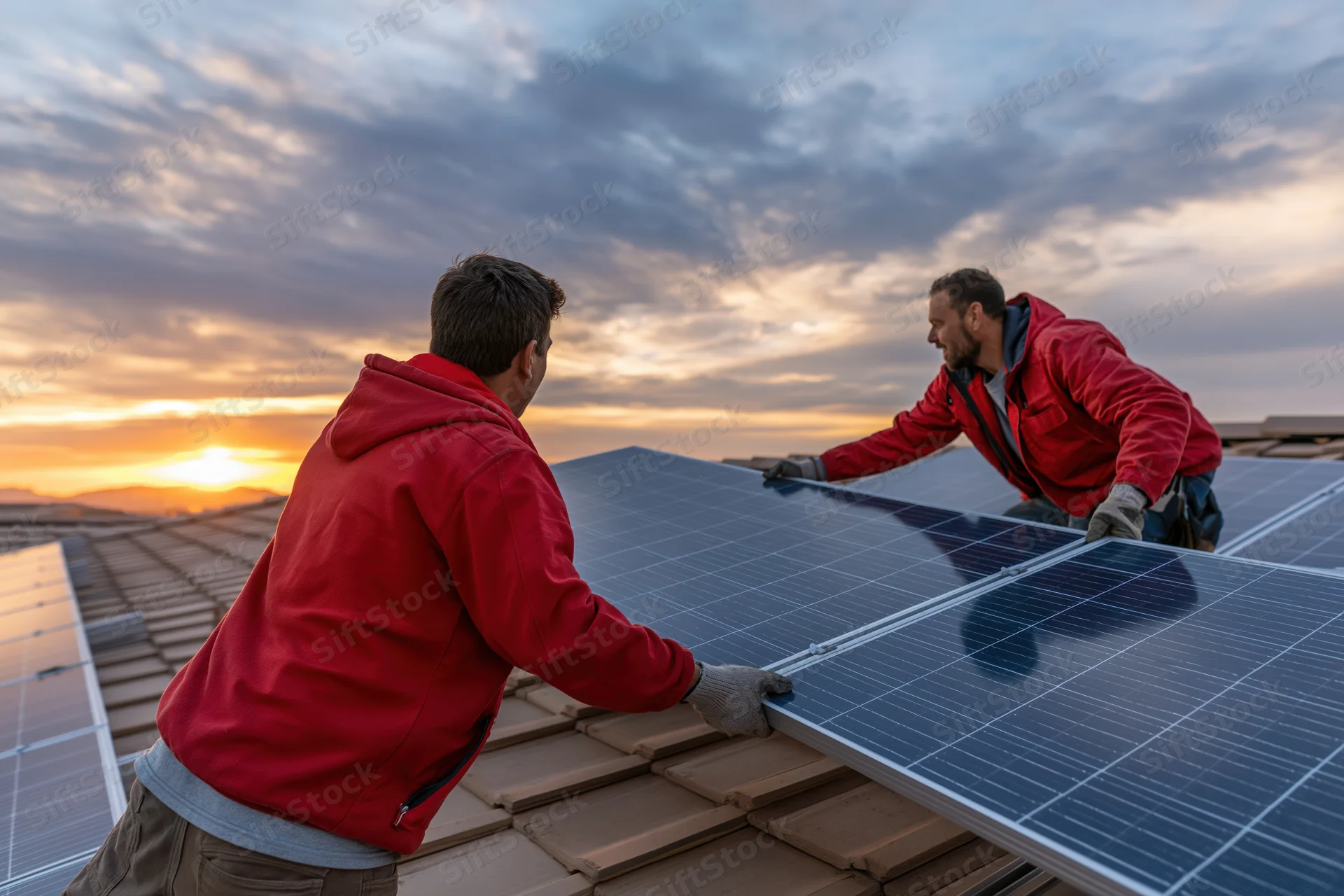 Two workers installing solar panels on a residential roof at sunset