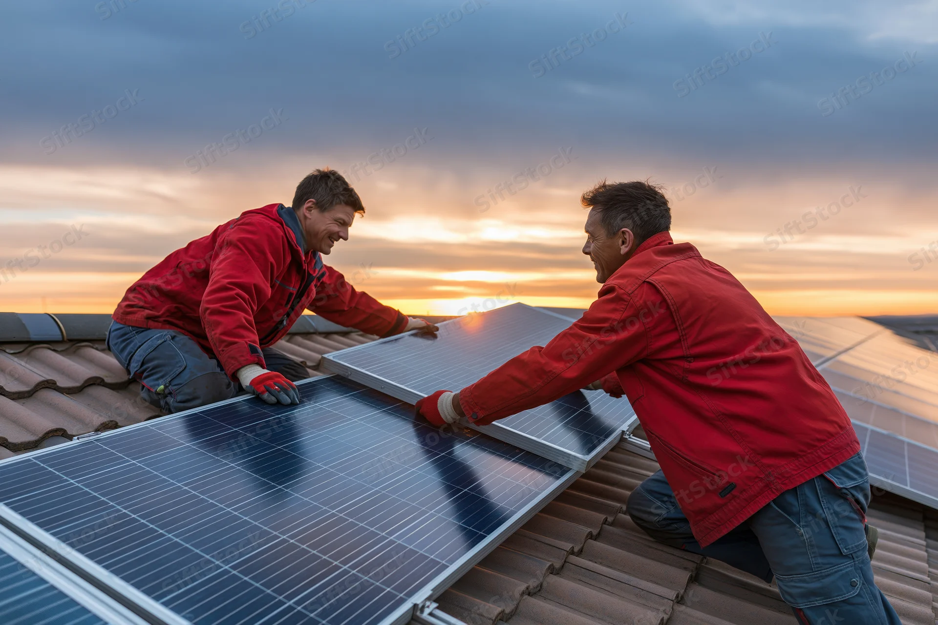 Two workers installing solar panels on a tiled roof at sunset