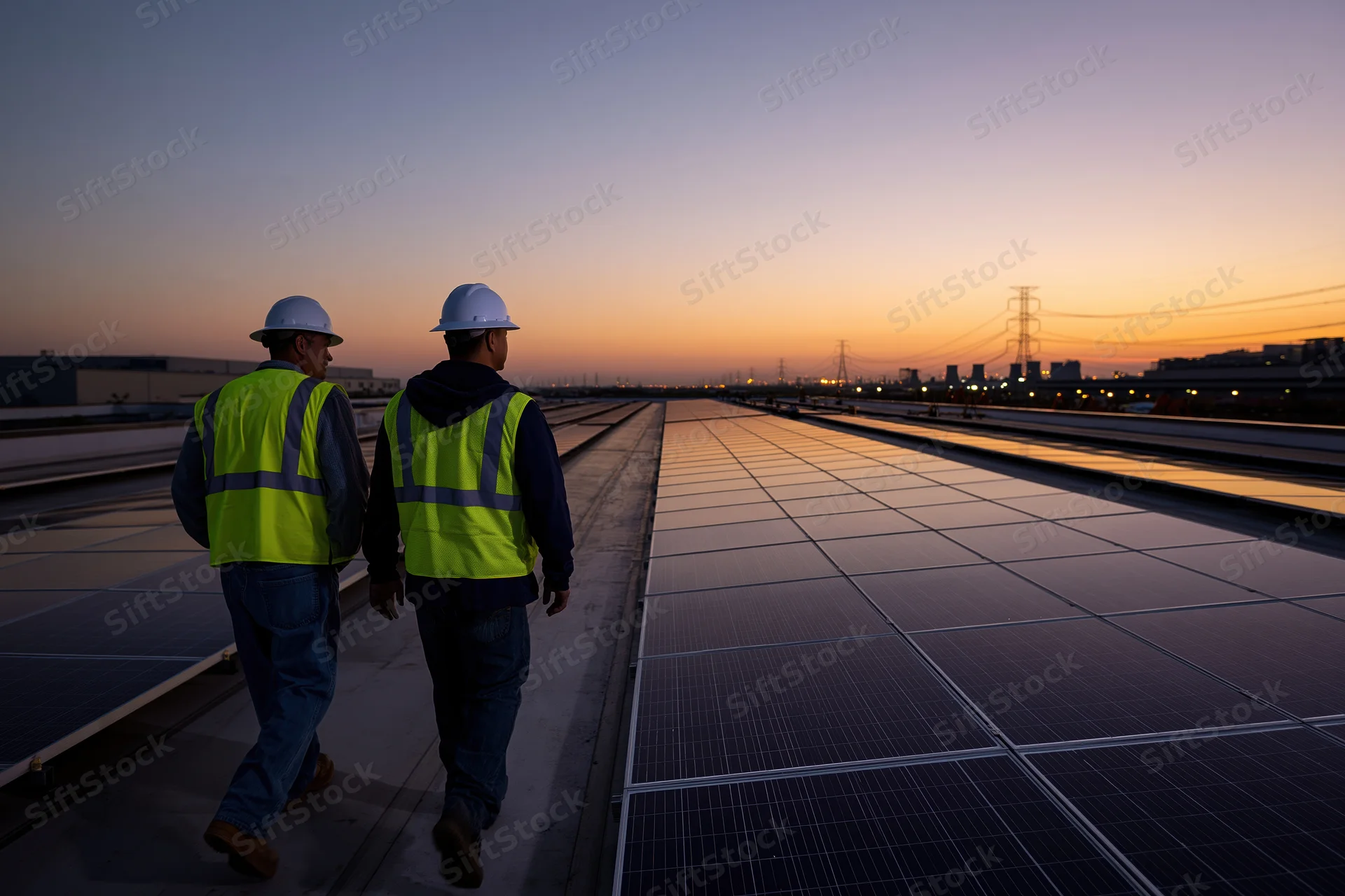 Two workers in high-visibility vests and hard hats walking along a rooftop solar panel array at dusk