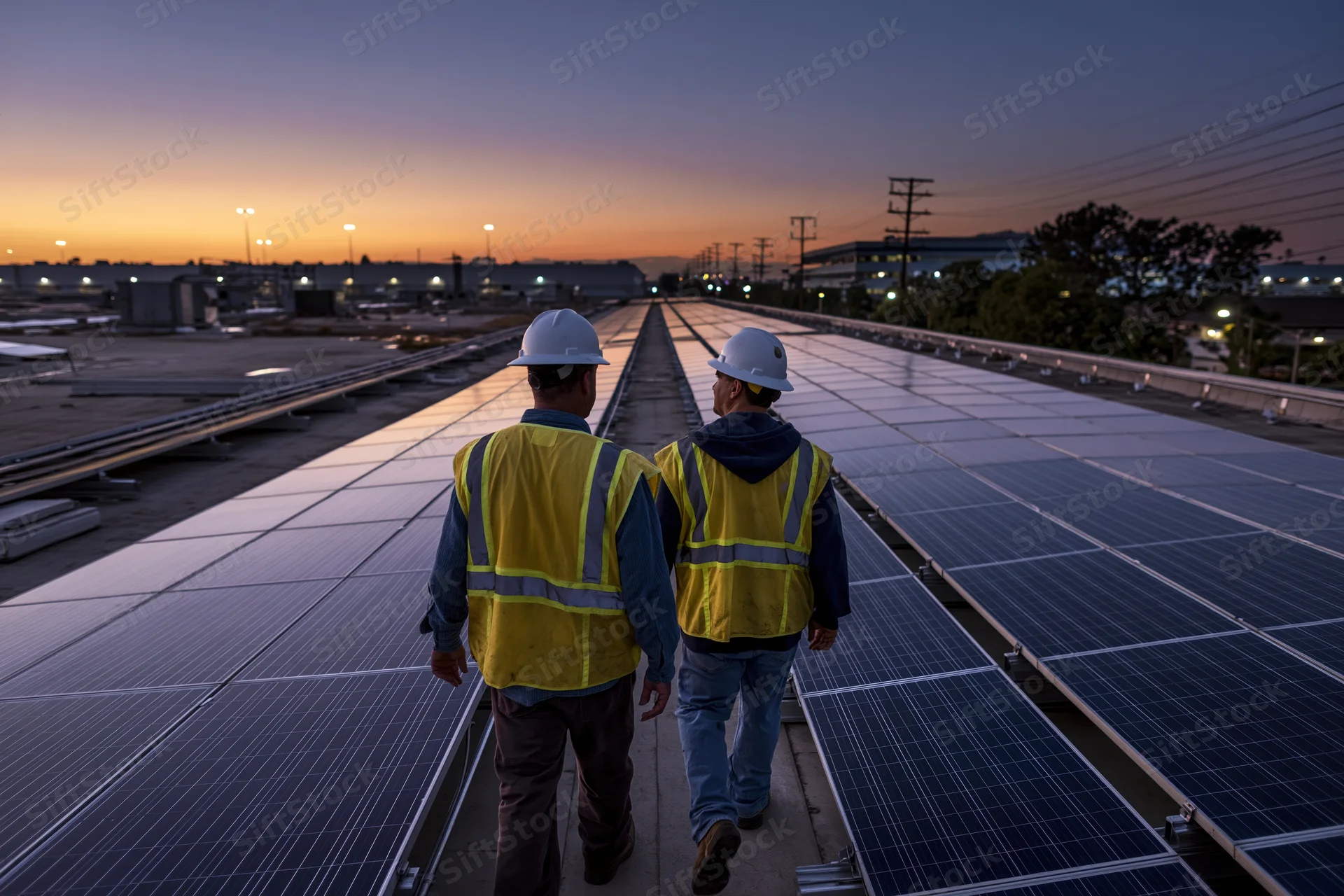 Two workers in yellow vests and white hard hats walking along a rooftop solar panel array at dusk
