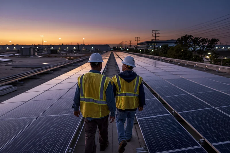 Two workers in yellow vests and white hard hats walking along a rooftop solar panel array at dusk