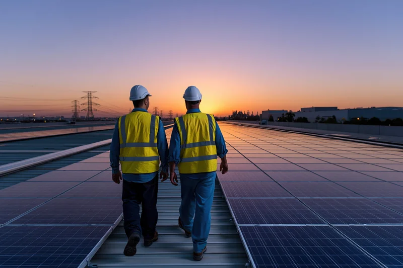 Two workers in yellow vests and white hard hats walking on a rooftop solar panel array at sunset