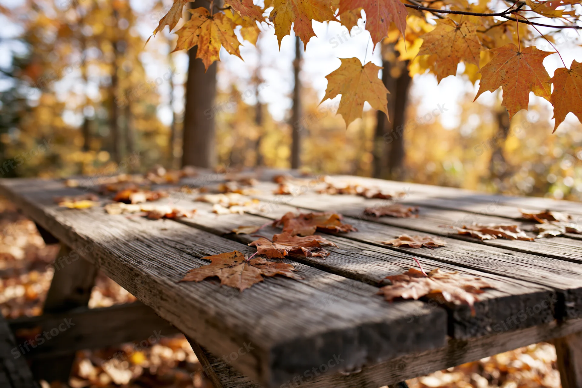 Weathered wooden picnic table scattered with autumn maple leaves in a forest clearing