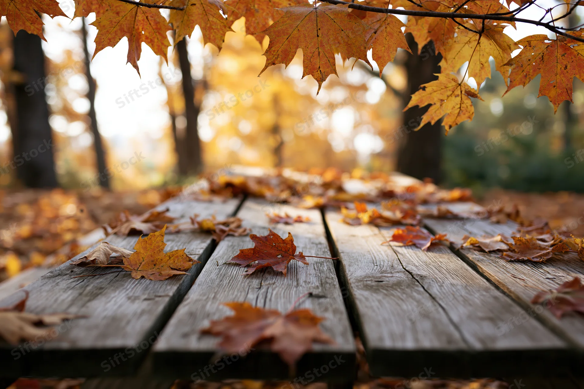Weathered wooden picnic table scattered with autumn leaves in a forest clearing