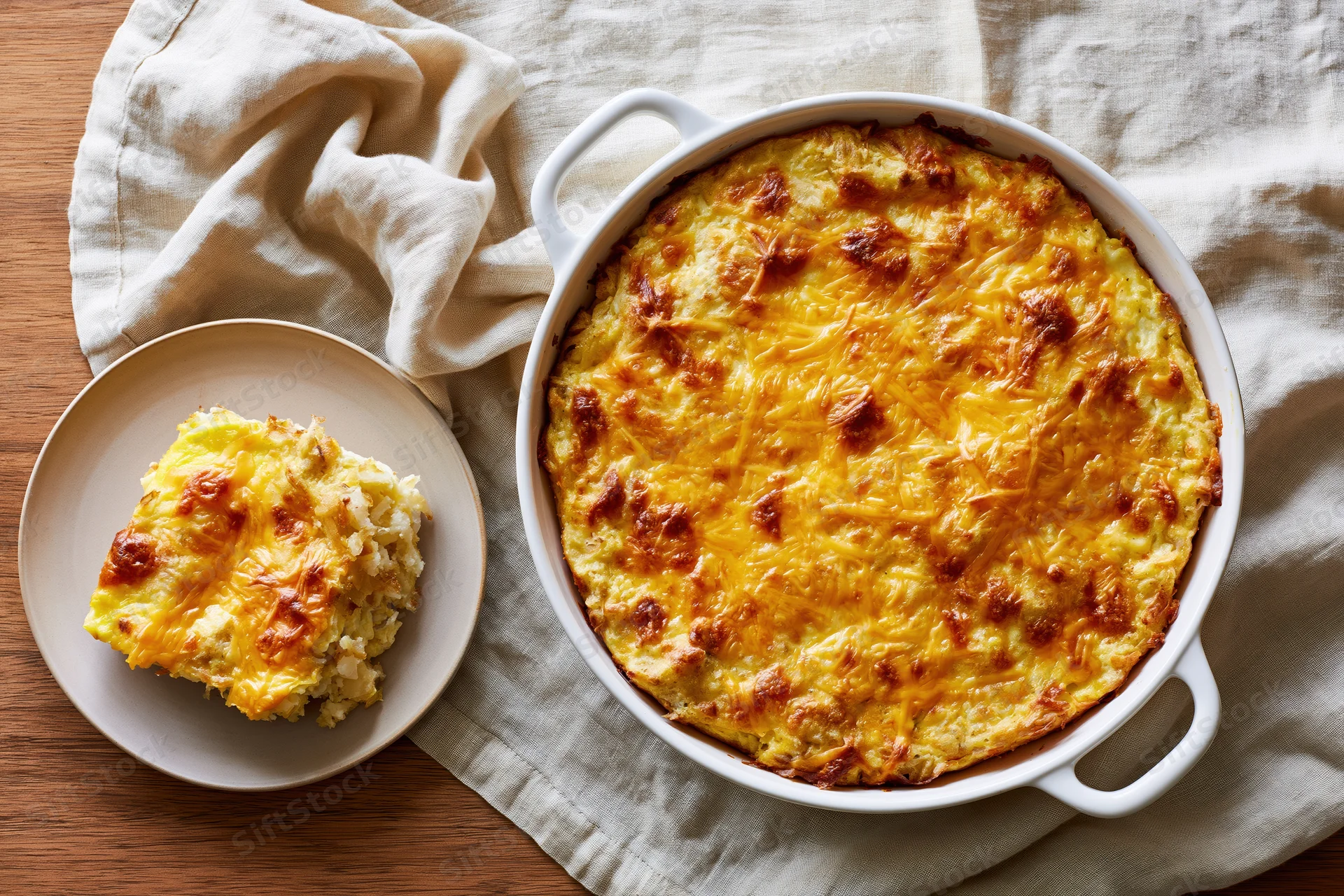 Golden-brown cheesy casserole in white ceramic dish with portion served on plate beside it on wooden table with cloth napkin