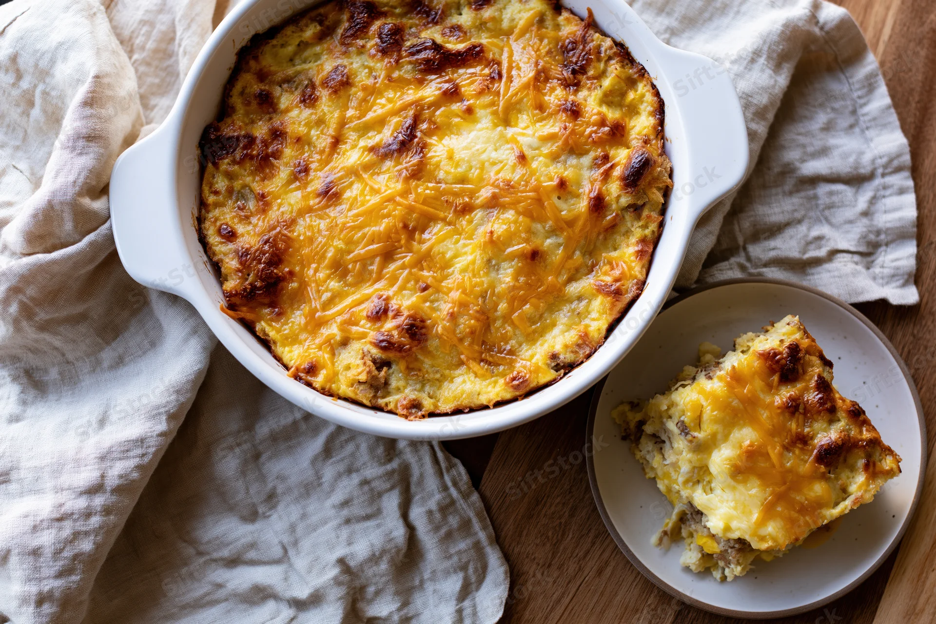 Golden-brown cheesy casserole in white ceramic dish with portion served on plate on wooden table with linen cloth