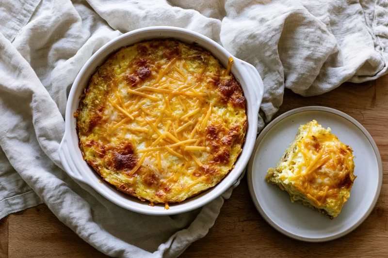 Golden-brown cheesy breakfast casserole in white ceramic dish with slice served on plate beside it on wooden table with linen cloth