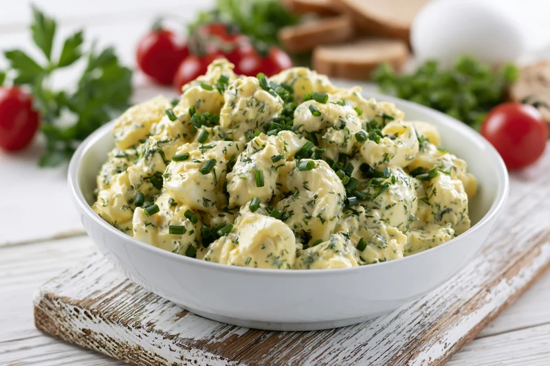 Chunky egg salad with chives and dill in a white ceramic bowl on a rustic wooden board