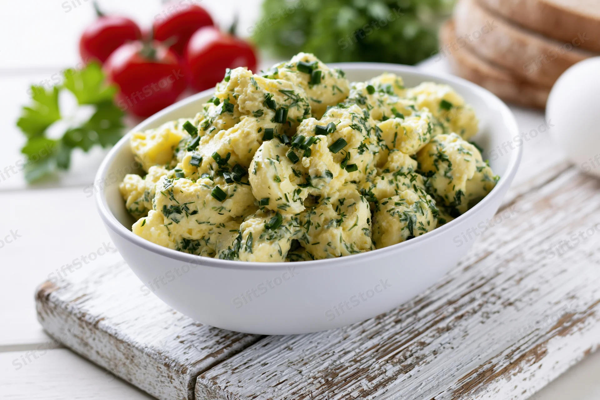 Chunky egg salad with chives and parsley in a white ceramic bowl on a rustic wooden surface