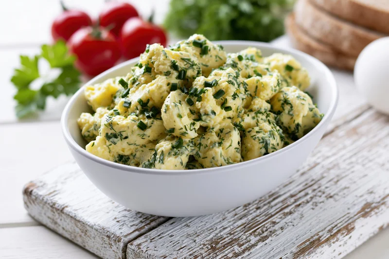 Chunky egg salad with chives and parsley in a white ceramic bowl on a rustic wooden surface
