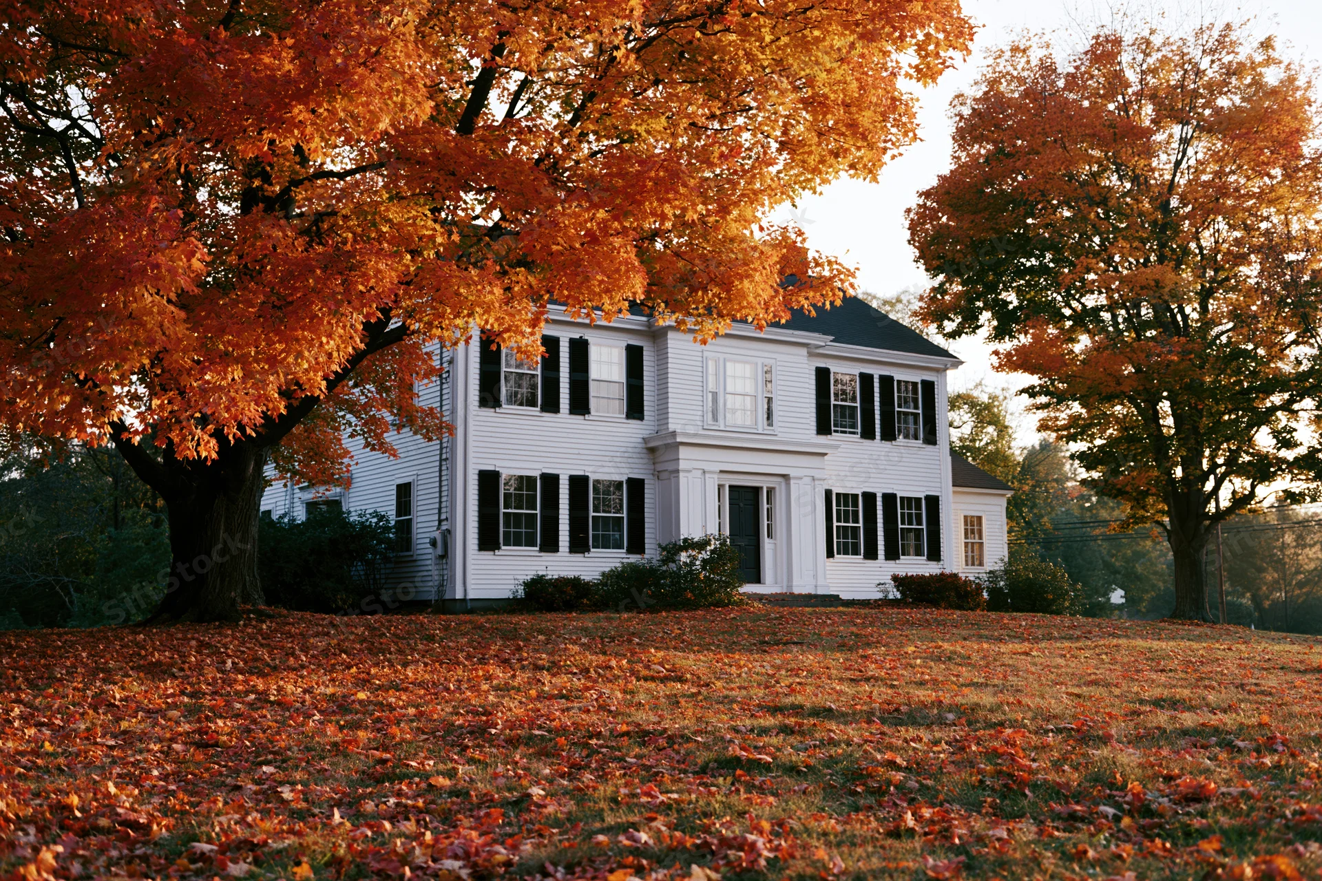 White colonial house with black shutters framed by autumn maple trees on a leaf-covered lawn