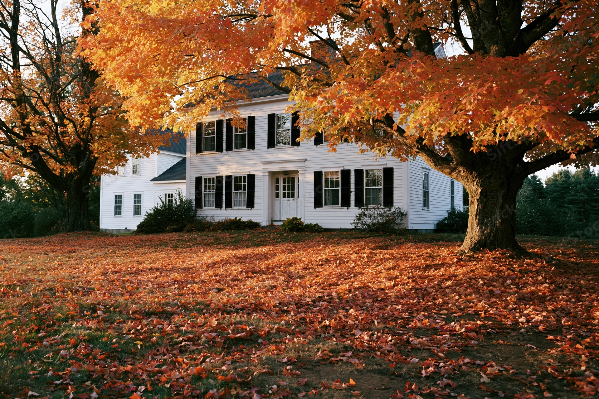 White colonial house with black shutters framed by autumn maple trees in a leaf-covered yard