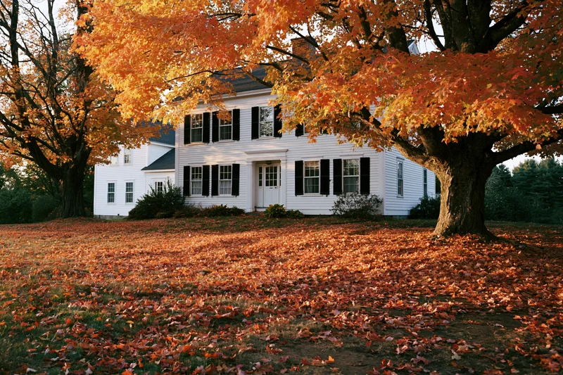 White colonial house with black shutters framed by autumn maple trees in a leaf-covered yard
