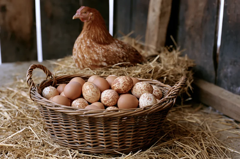 Wicker basket filled with brown and cream-speckled eggs resting on straw in a barn with a hen in the background
