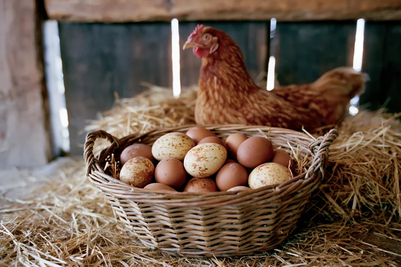 Wicker basket filled with brown and speckled eggs resting on hay beside a hen in a barn coop