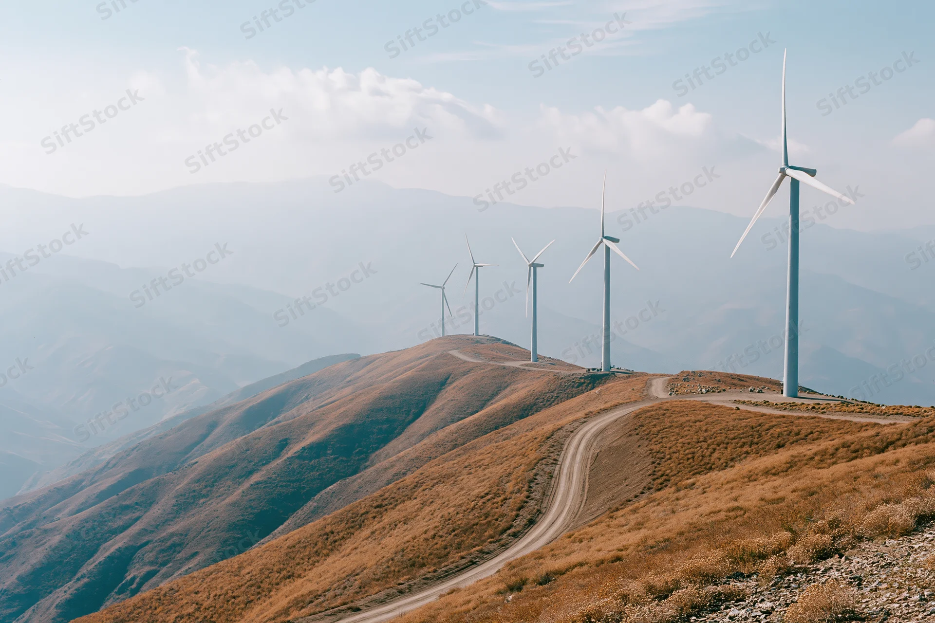 Wind turbines lined along a ridgeline on rolling hills with a dirt road winding through dry grassland under a hazy sky