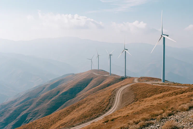 Wind turbines lined along a ridgeline on rolling hills with a dirt road winding through dry grassland under a hazy sky
