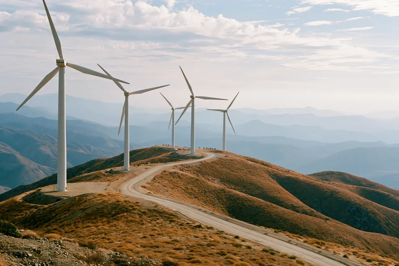 Wind turbines lined along a winding dirt road atop rolling hills with distant mountain ranges under a partly cloudy sky