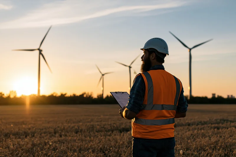 Engineer in hard hat and safety vest holding clipboard while inspecting wind turbines in a field at sunset