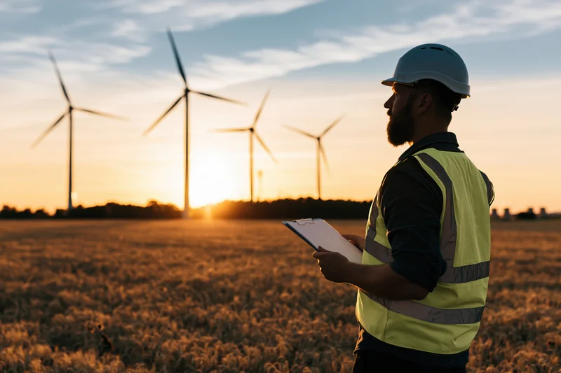 Engineer in hard hat and high-visibility vest holding clipboard while inspecting wind turbines at sunset in a rural field