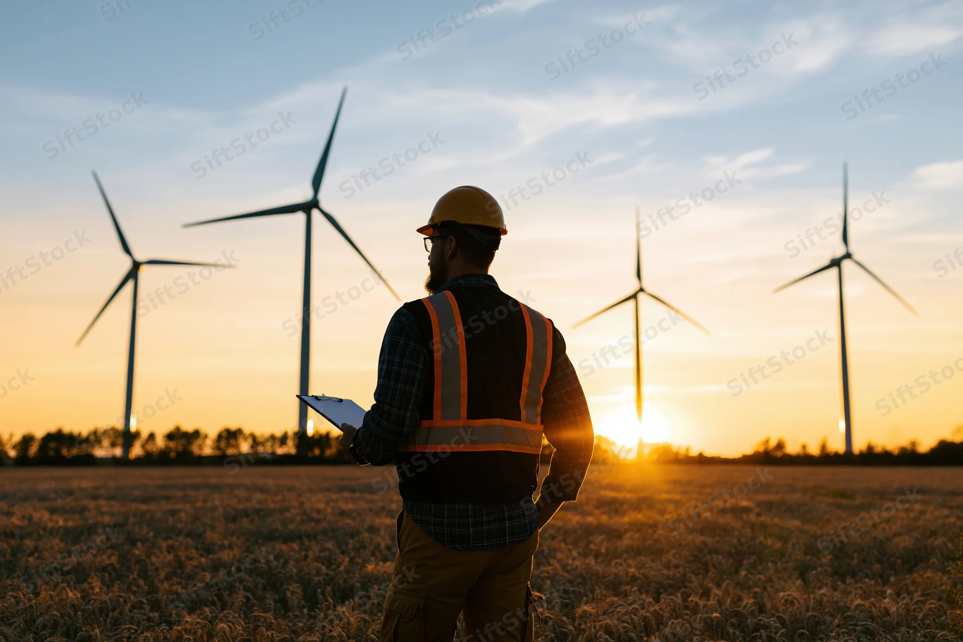 Engineer in hard hat and high-visibility vest holding clipboard stands in field facing wind turbines at sunset