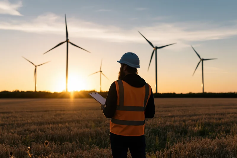 Engineer in hardhat and safety vest holding clipboard stands in wheat field facing wind turbines at sunset