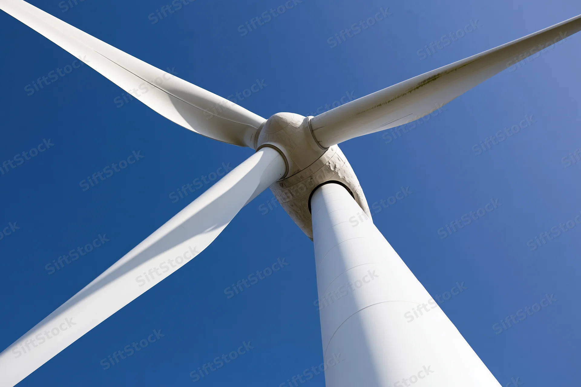 Wind turbine hub and blades viewed from below against clear blue sky