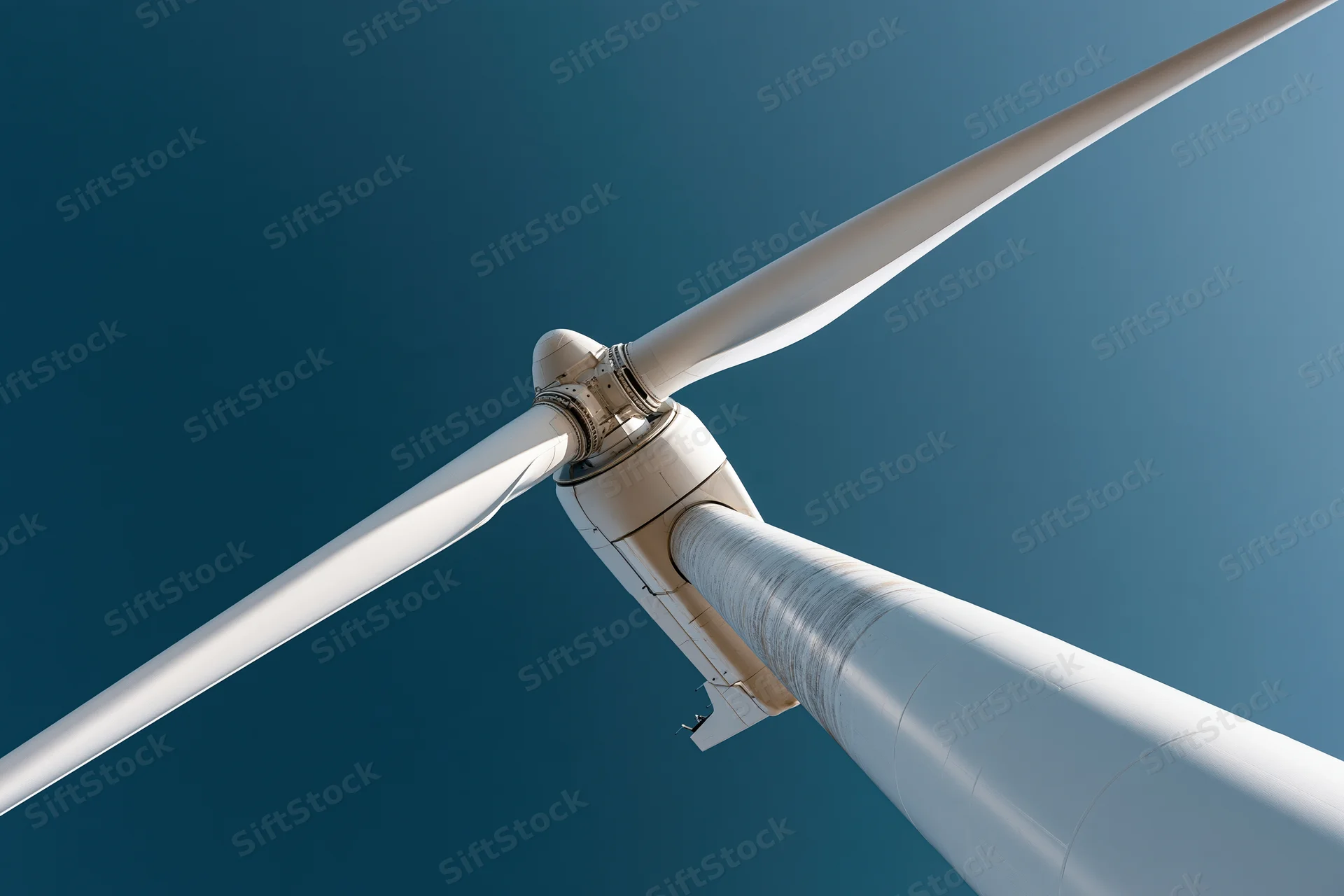Wind turbine hub with three blades viewed from below against clear blue sky