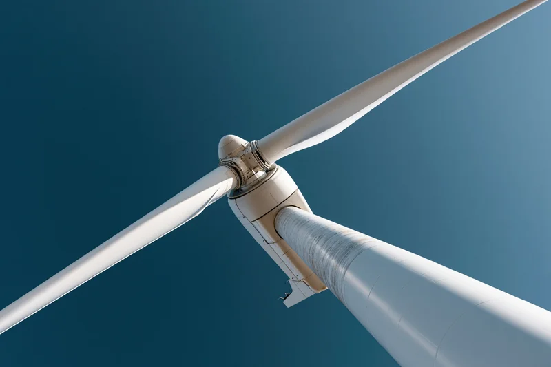 Wind turbine hub with three blades viewed from below against clear blue sky