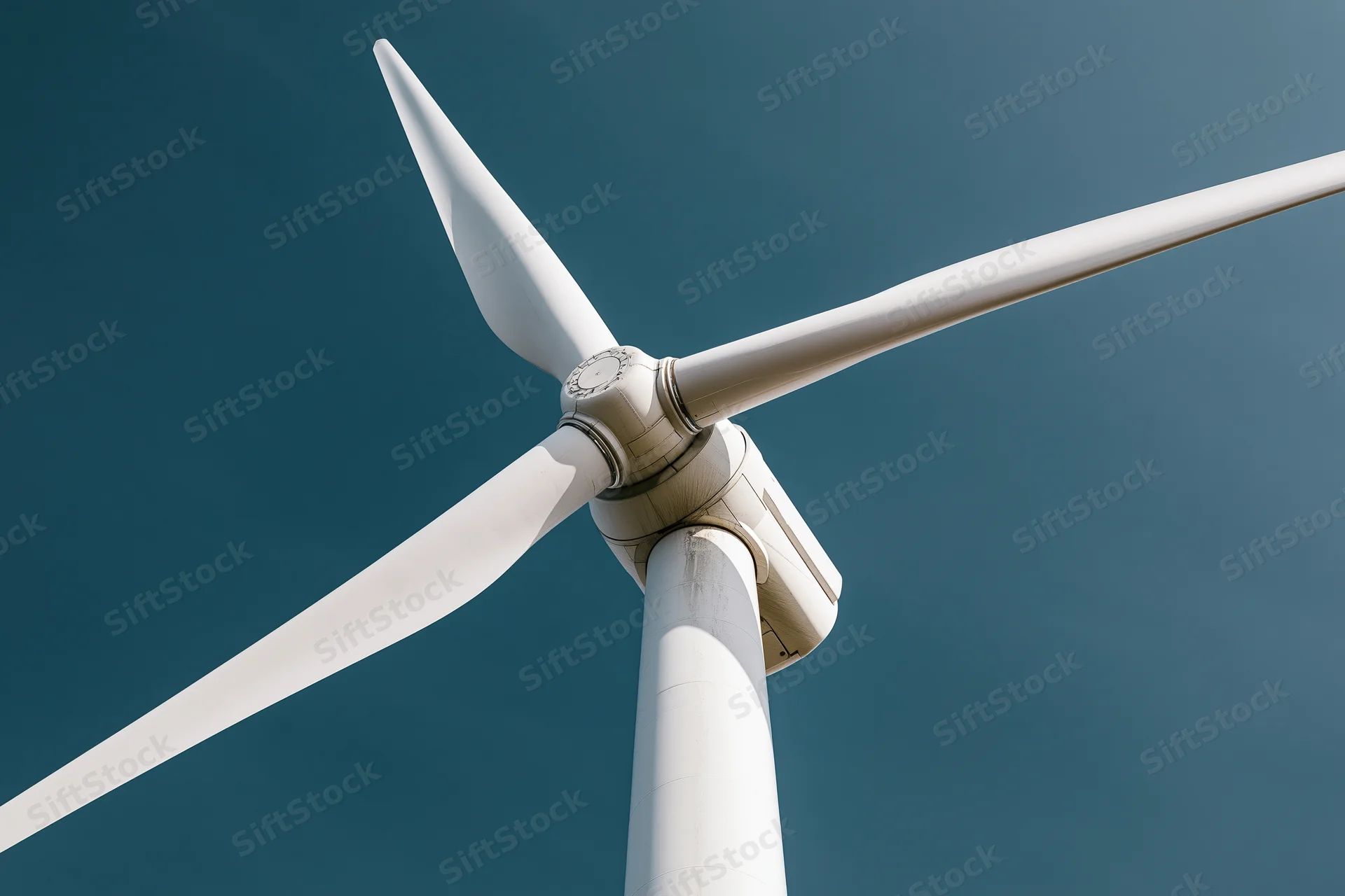 Wind turbine hub with three blades against a clear blue sky from a low angle view