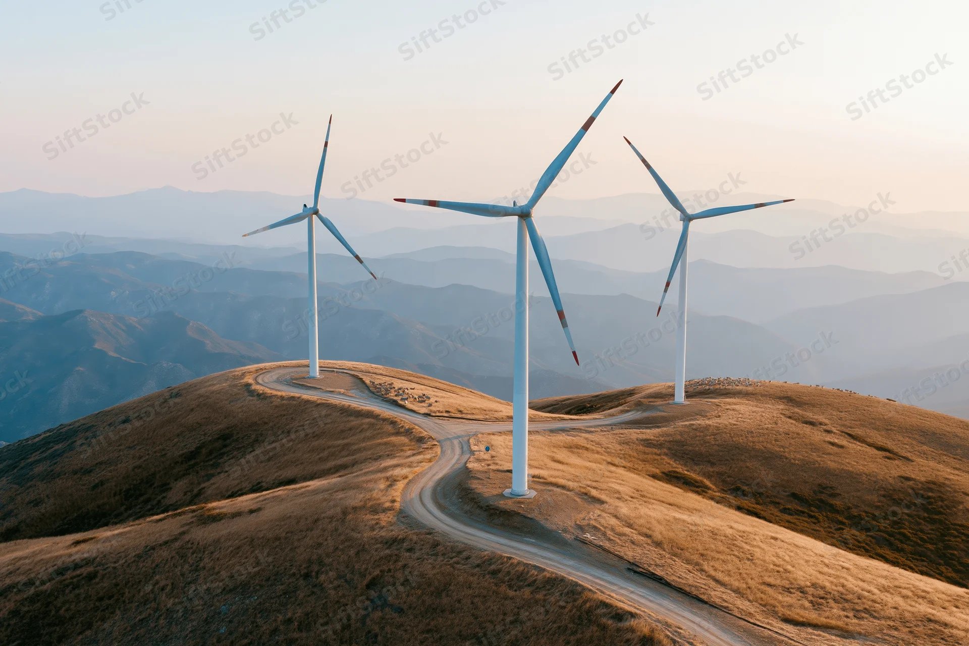 Wind turbines on rolling hilltops with a winding dirt road at sunset