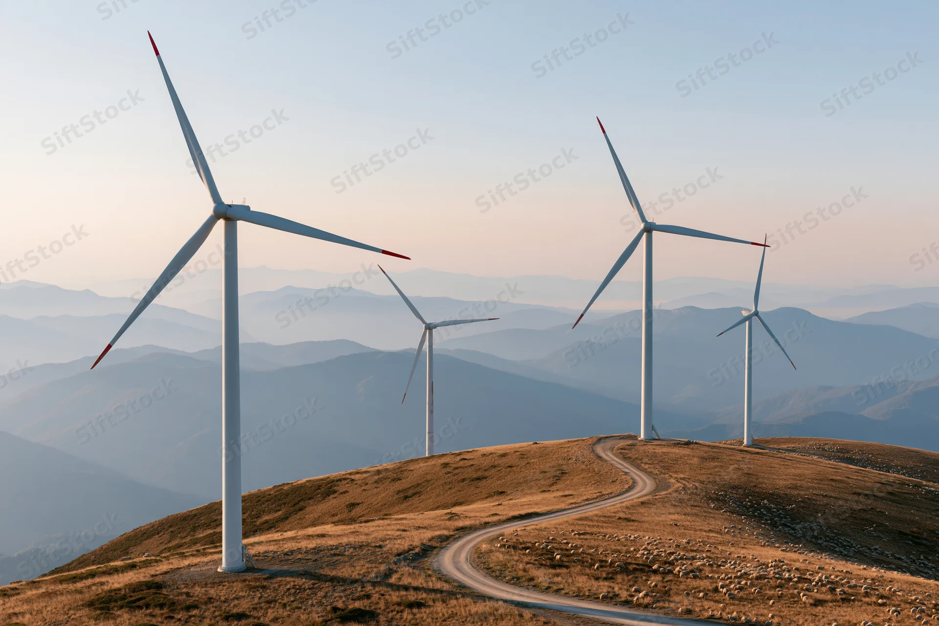 Wind turbines standing on a hilltop with a winding dirt road leading through a mountainous landscape at dusk