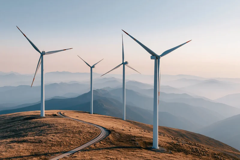 Wind turbines standing on a hilltop with a winding dirt road leading through the landscape at sunset