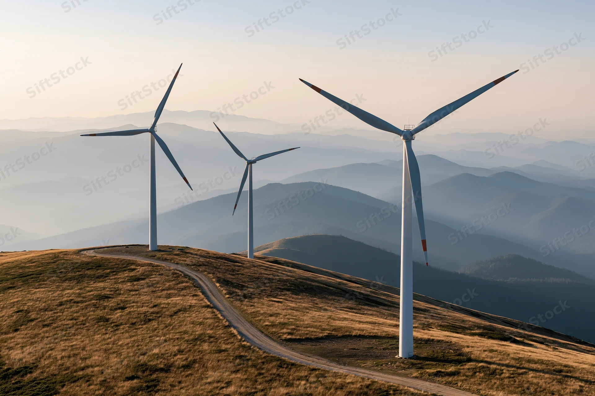 Wind turbines standing on rolling hilltops with a winding dirt road leading through the landscape at sunset