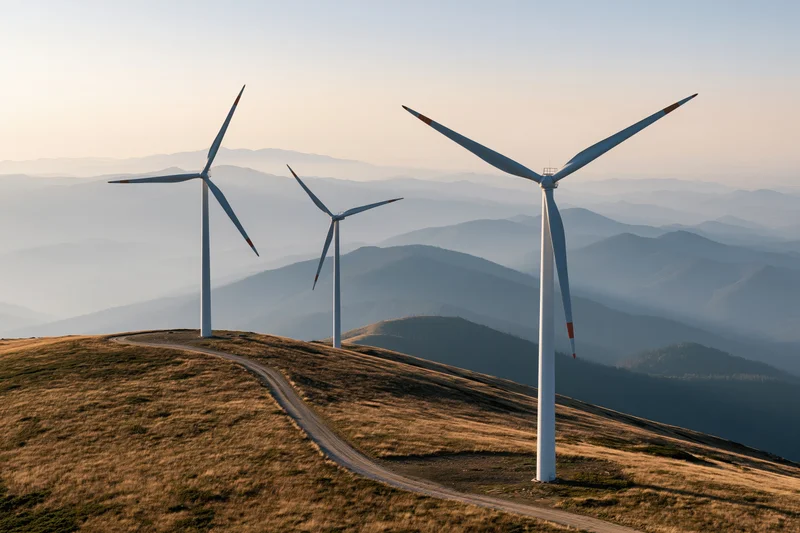 Wind turbines standing on rolling hilltops with a winding dirt road leading through the landscape at sunset