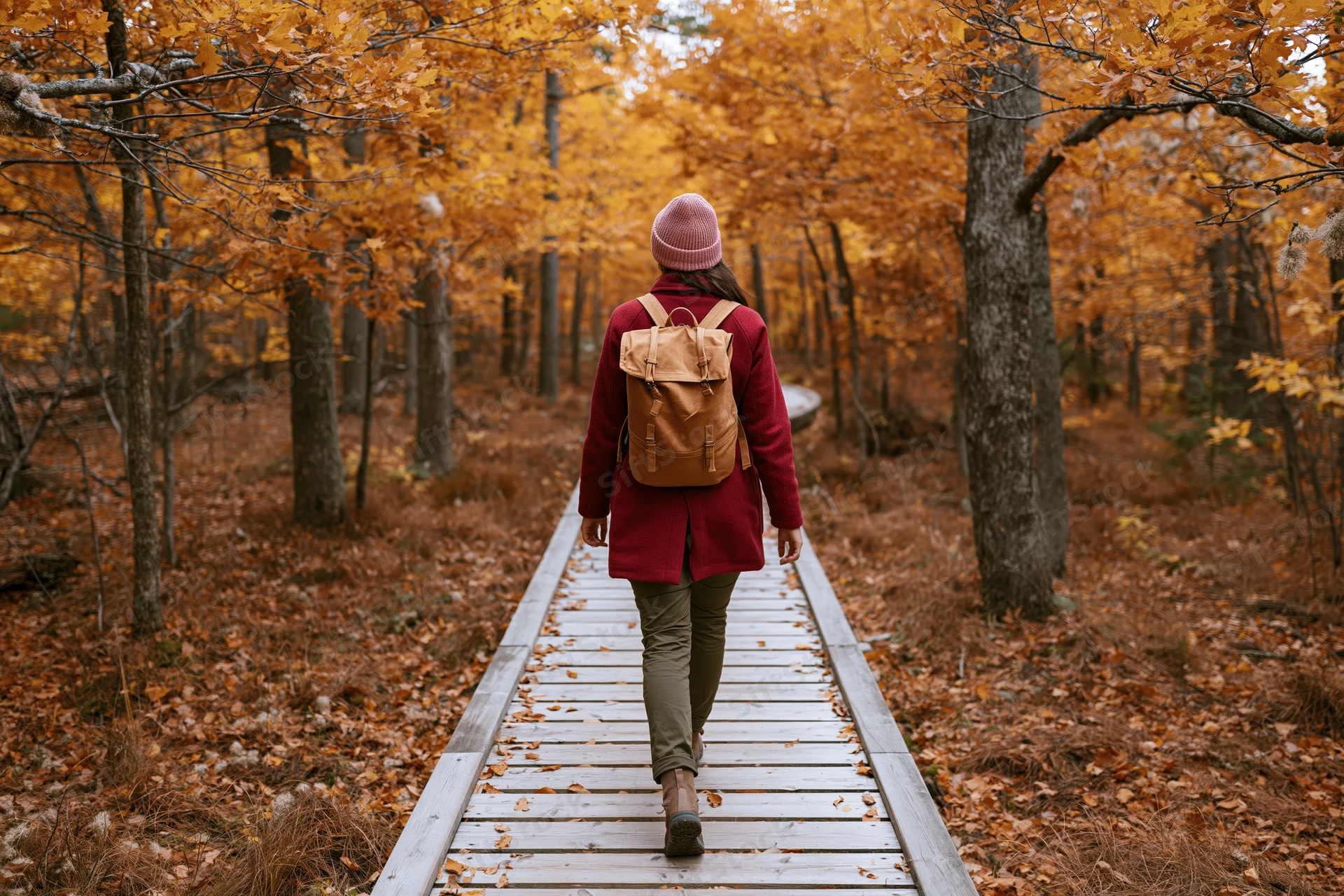 Woman walking away on wooden boardwalk through autumn forest with fallen leaves and colorful trees