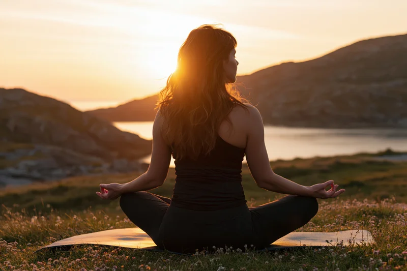 Woman meditating in lotus pose on grassy hill at sunset near water