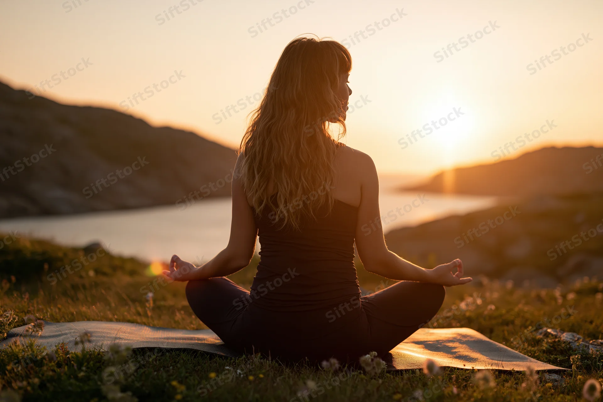 Woman meditating in lotus pose on grassy hill overlooking water at sunset