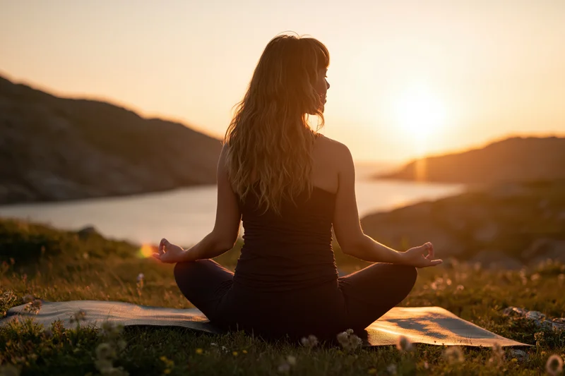 Woman meditating in lotus pose on grassy hill overlooking water at sunset