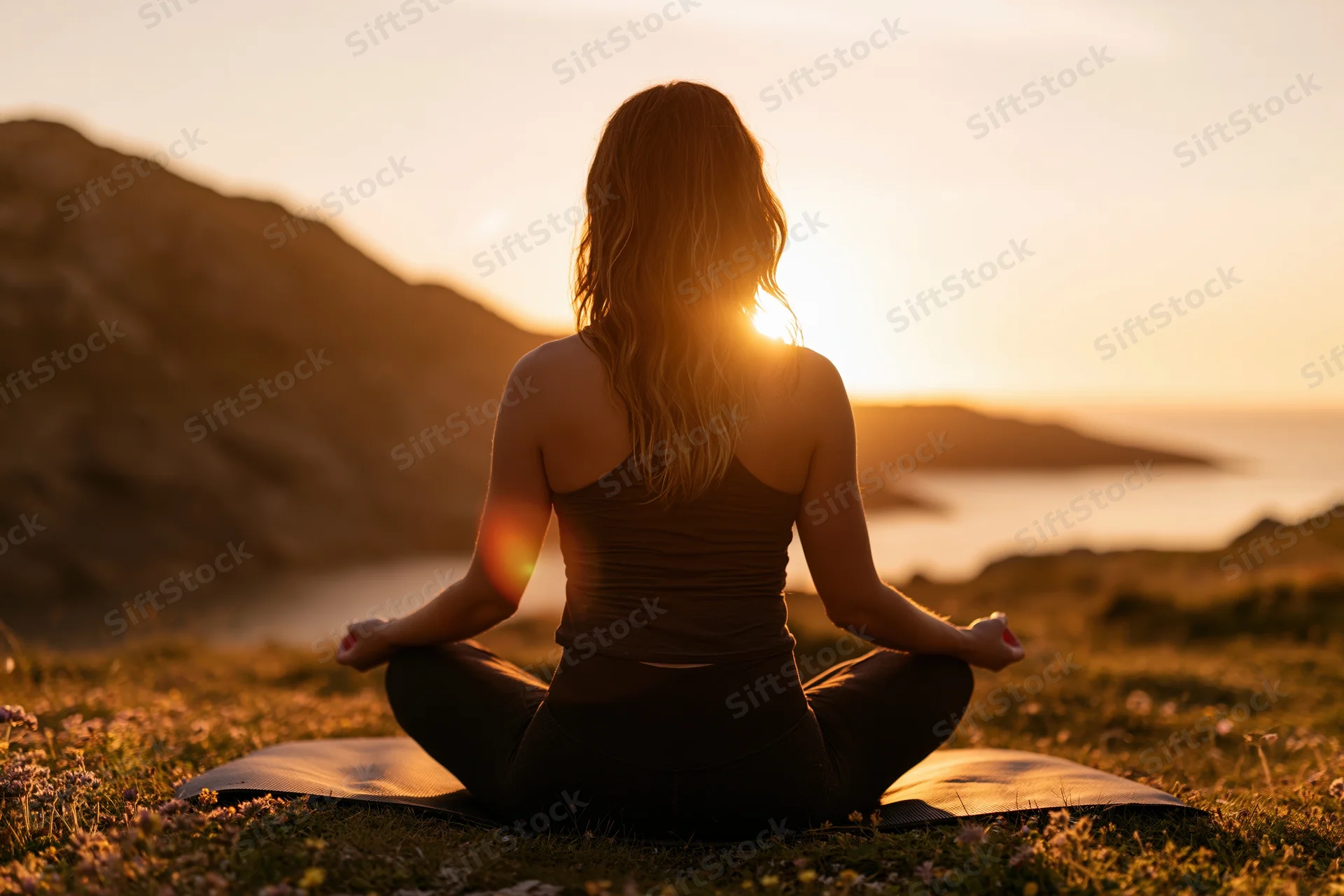 Woman meditating in lotus pose on grassy hill overlooking ocean at sunset