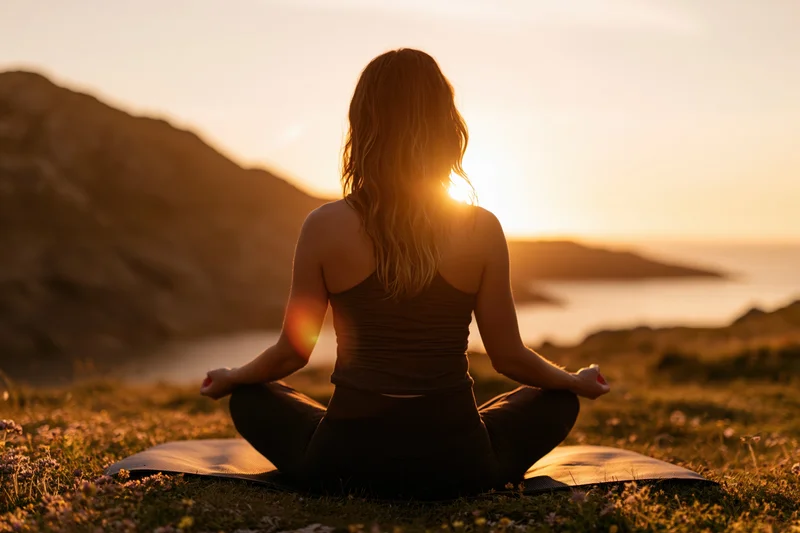 Woman meditating in lotus pose on grassy hill overlooking ocean at sunset
