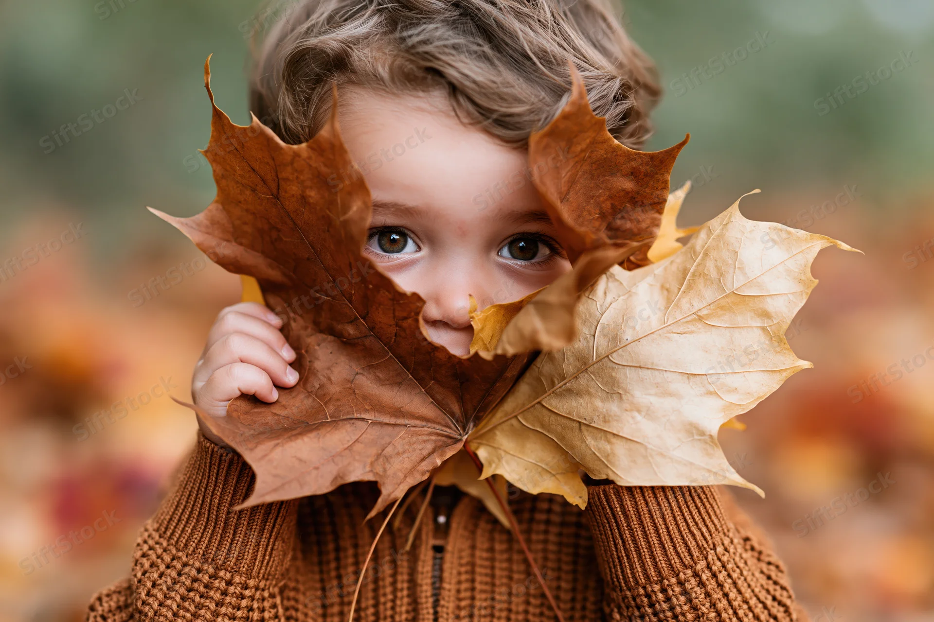 Toddler peeking through large maple leaves in autumn park setting
