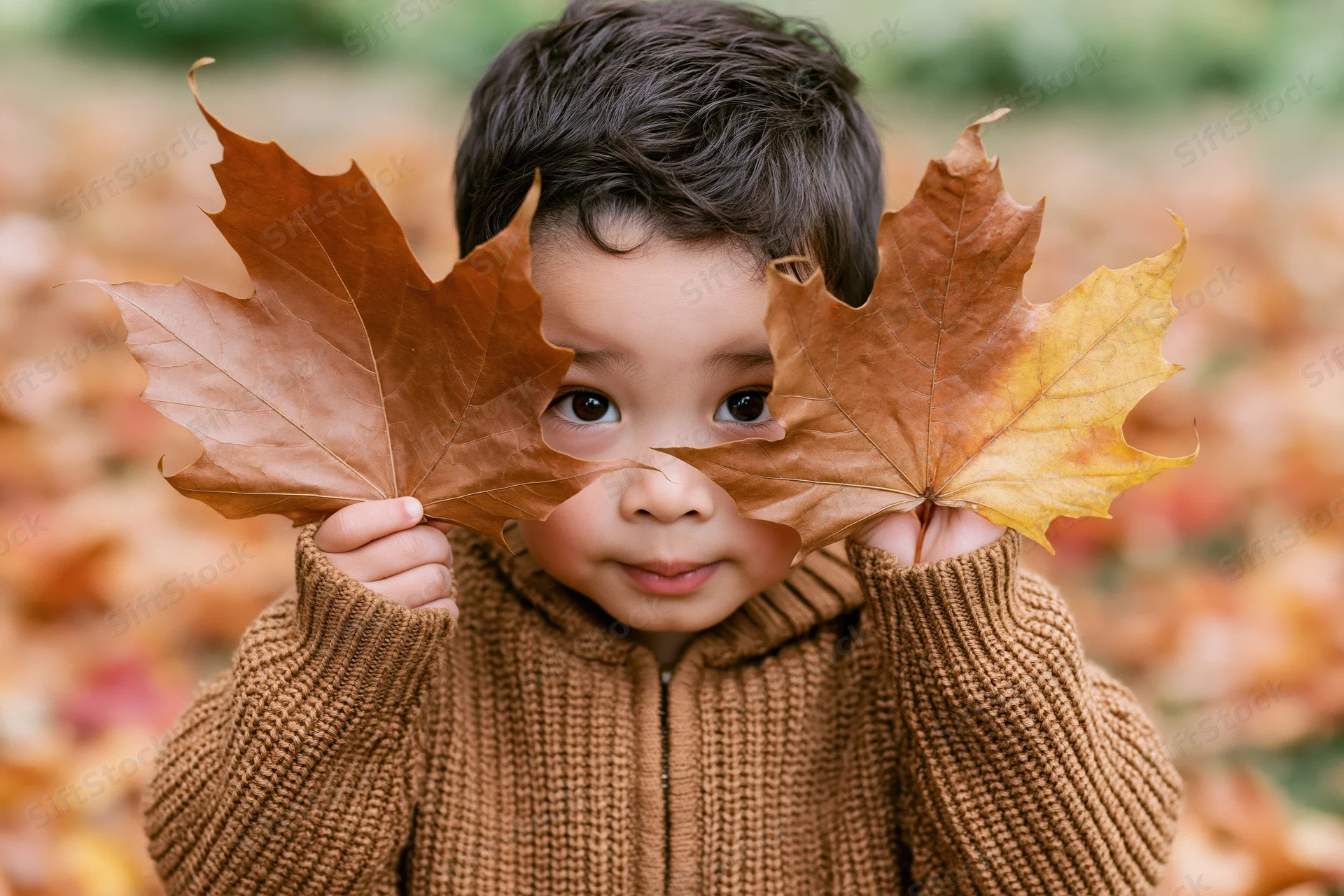 Toddler peeking through two large maple leaves in autumn park