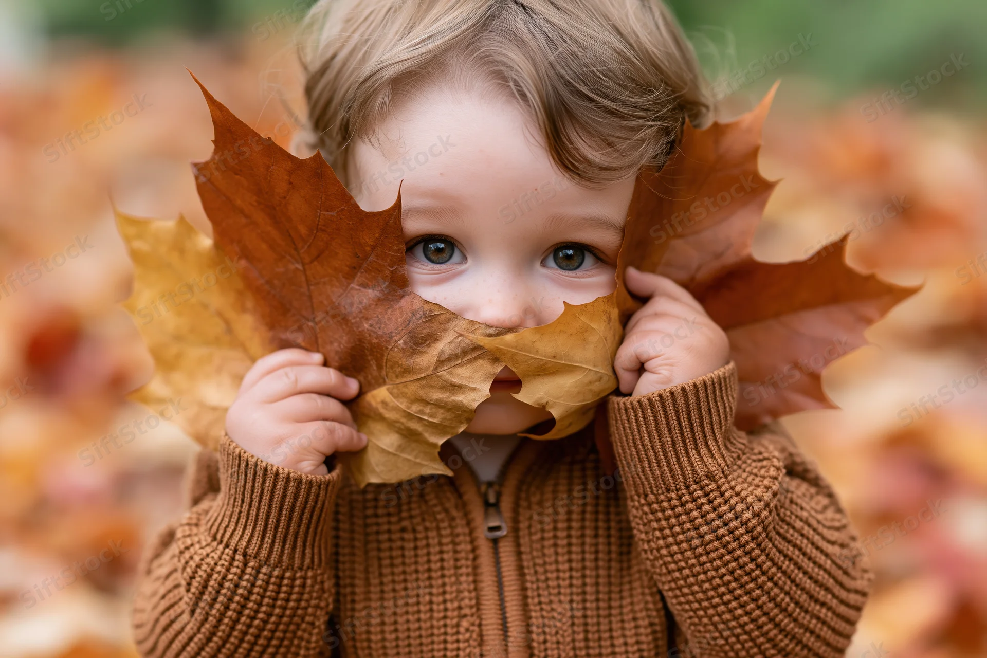 Toddler peeking through large maple leaves in autumn foliage outdoors
