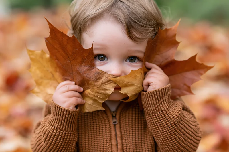 Toddler peeking through large maple leaves in autumn foliage outdoors