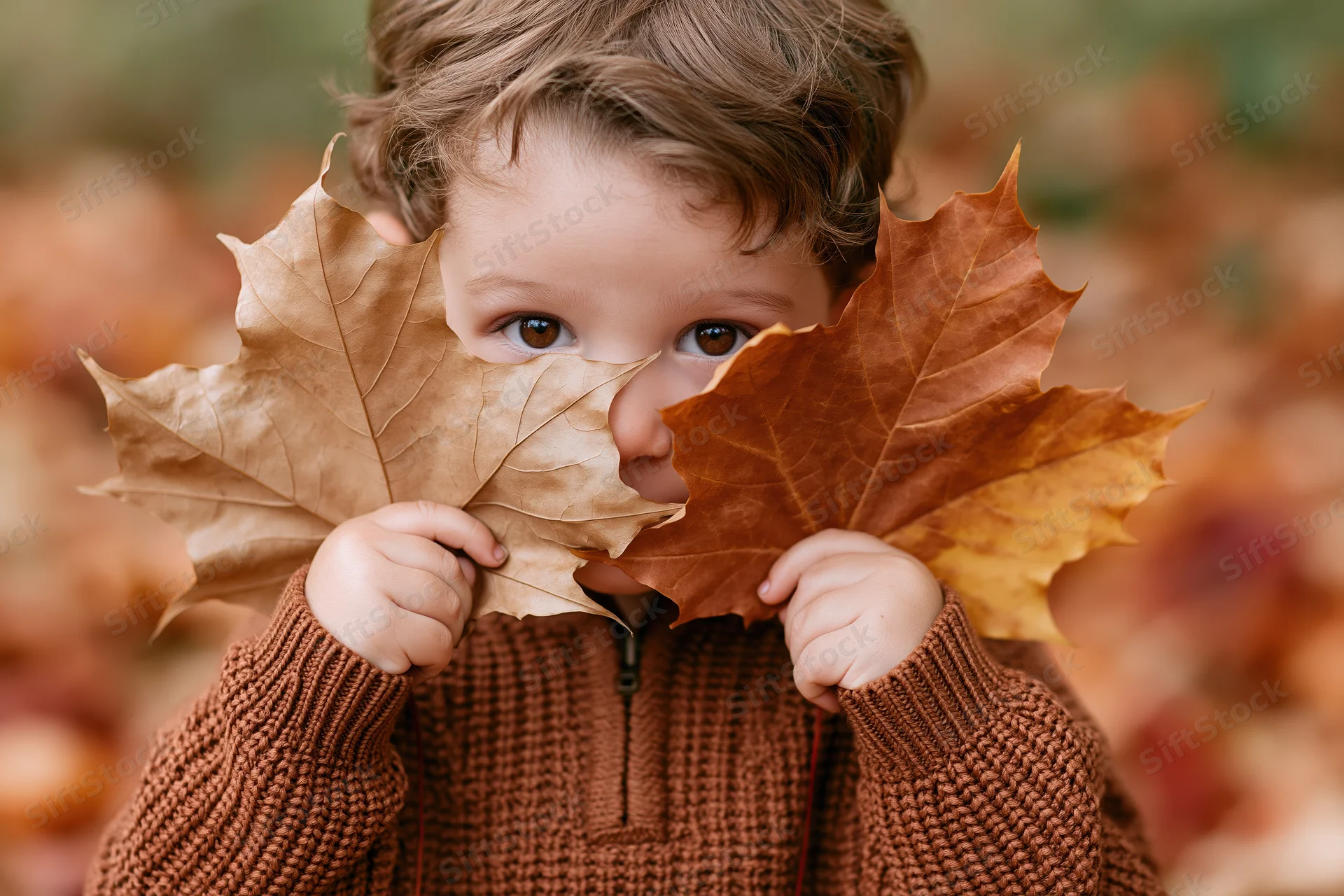 Toddler peeking through two large maple leaves in autumn foliage