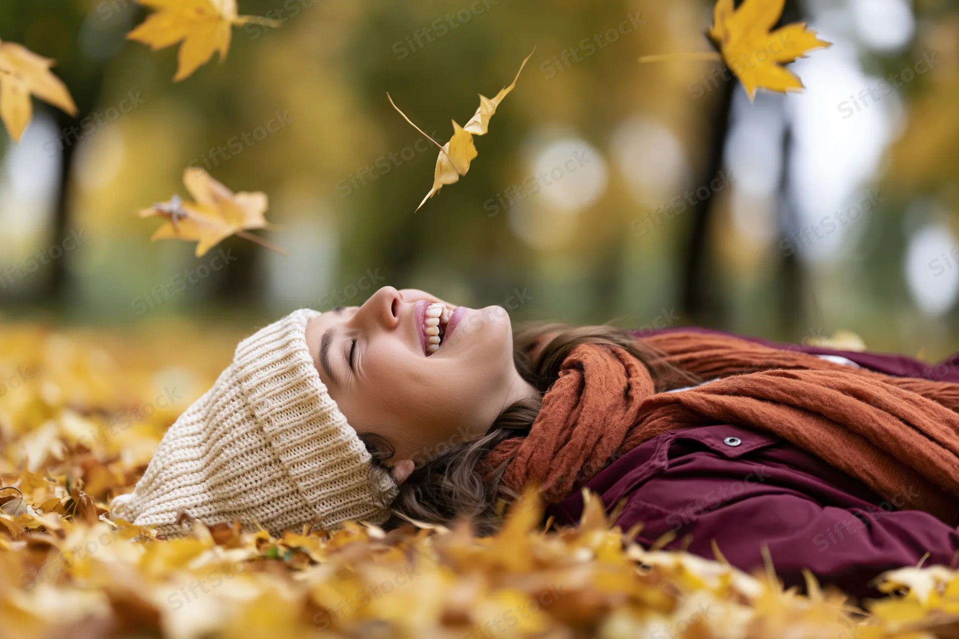 Young woman laughing while lying on her back in a pile of fallen autumn leaves in a park