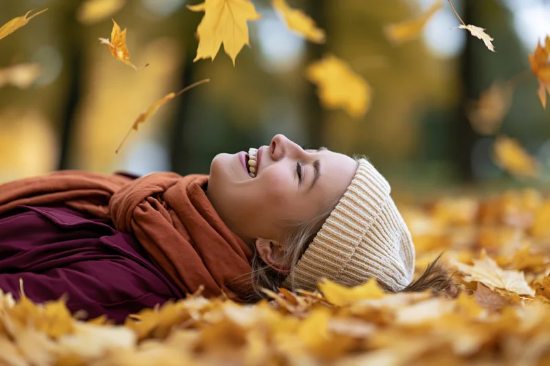 Young woman lying on back in pile of fallen autumn leaves smiling with eyes closed in park