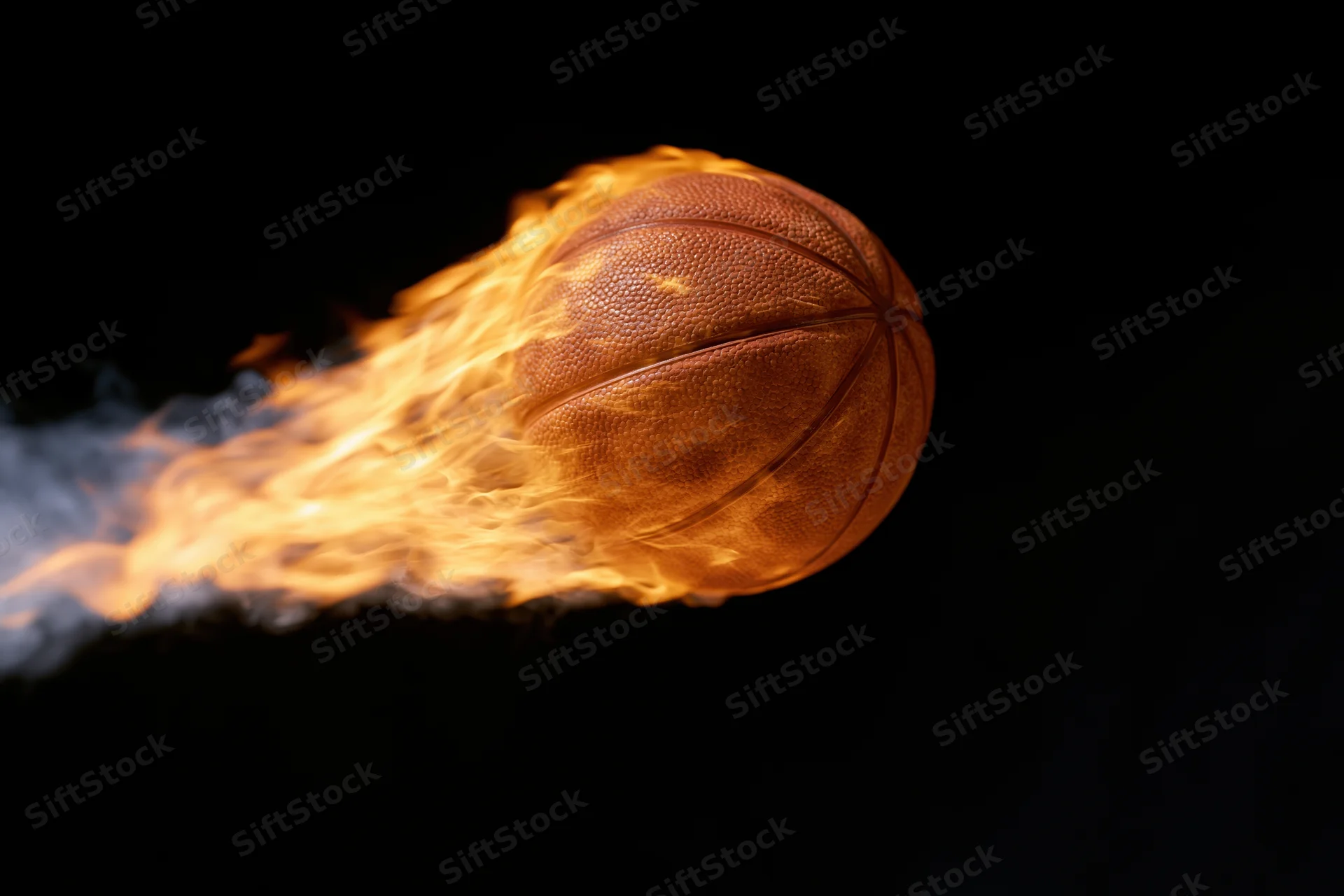 Basketball engulfed in flames streaking across black background